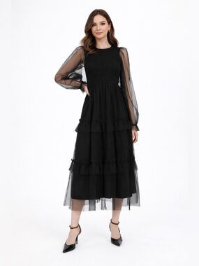 August Sky • NWT $90US Smocked Bodice Black Long Sleeve Tulle Dress PTP14-20